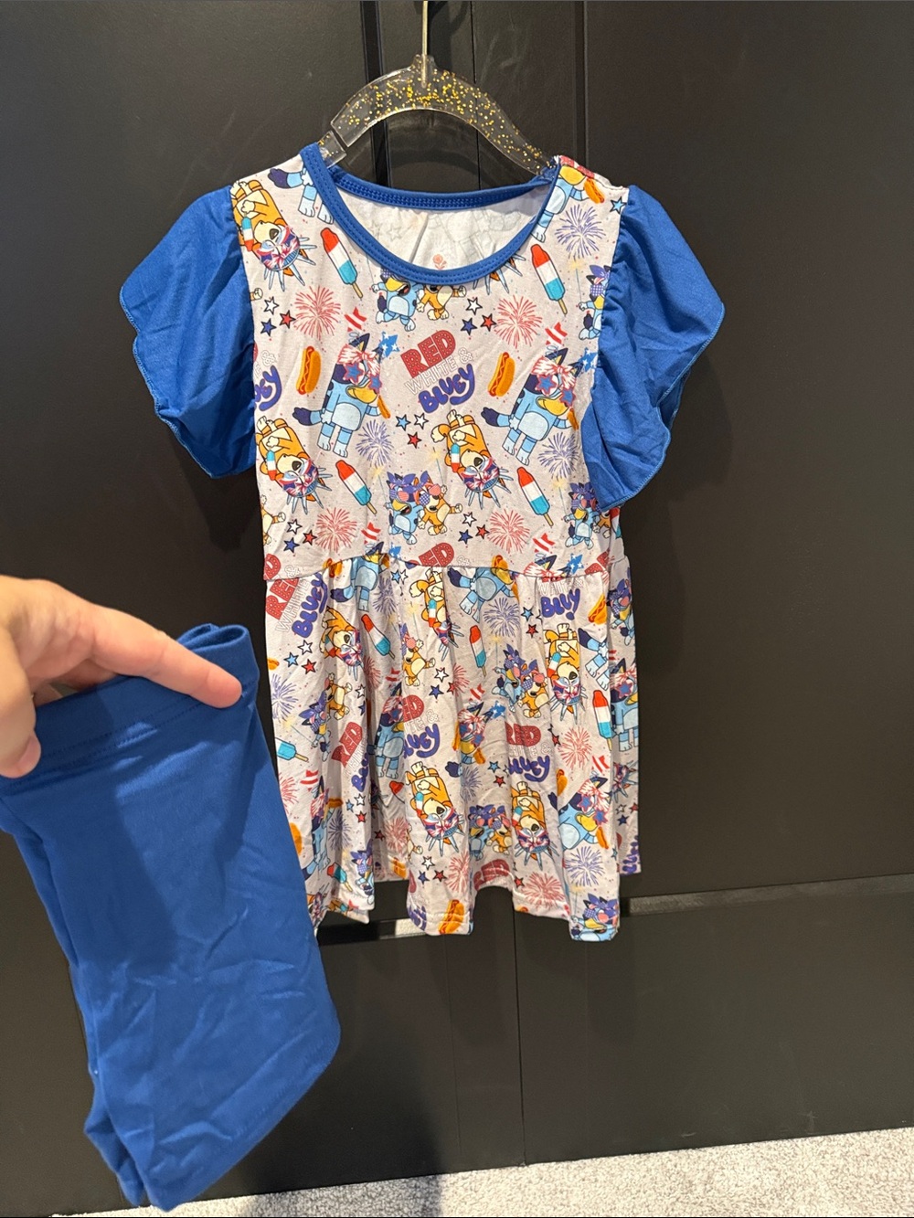 Blue Short-Sleeve Kids Tee Dress with Playful Cartoon Print